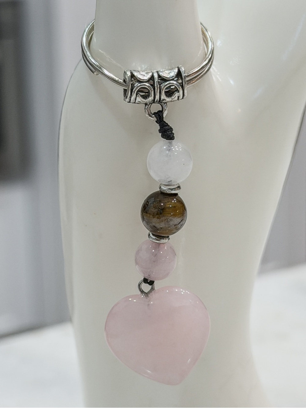 Rose Quartz Heart & Bead Silver Keychain